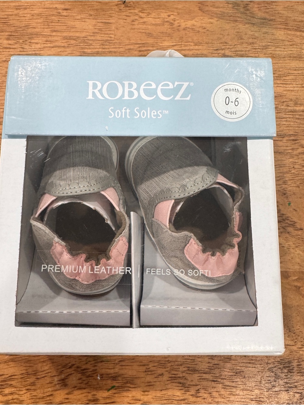 New Robeez Grey Pink Liam Soft Sole Baby Shoes 0-6 Months Leather Crib